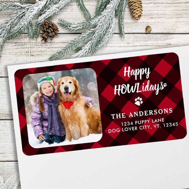 Étiquette Red Buffalo Plaid Happy HOWLidays Photo personnali (Créateur téléchargé)