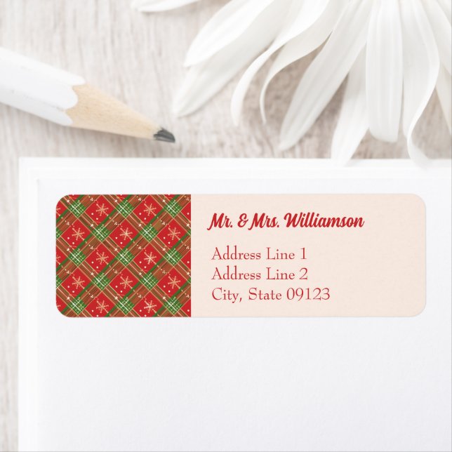 Étiquette Red Christmas Plaid Gold Snowflics Adresse de reto (En situation)