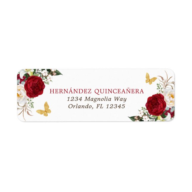 Étiquette Red Gold Floral Quinceañera Adresse de retour (Devant)