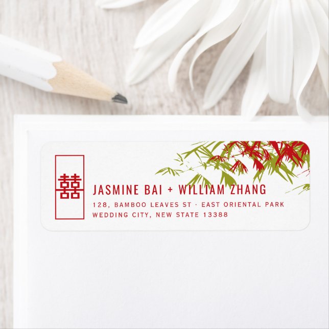 Étiquette Red & Green Bamboo Feuille Asian Mariage Adresse (En situation)