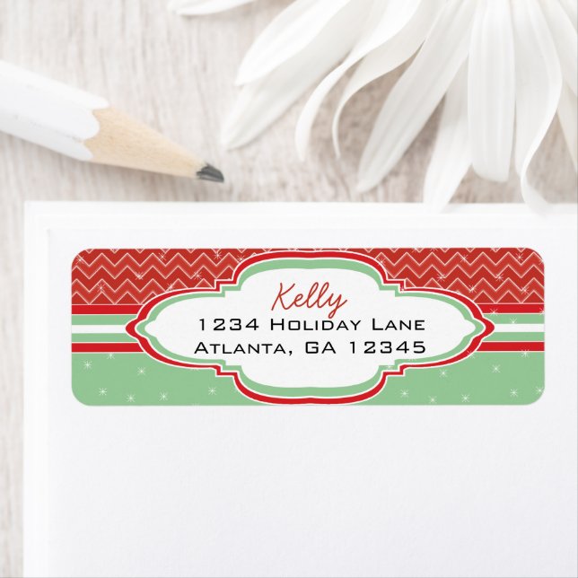 Étiquette Red Green Christmas Chevron Motif Retour Adresse (En situation)