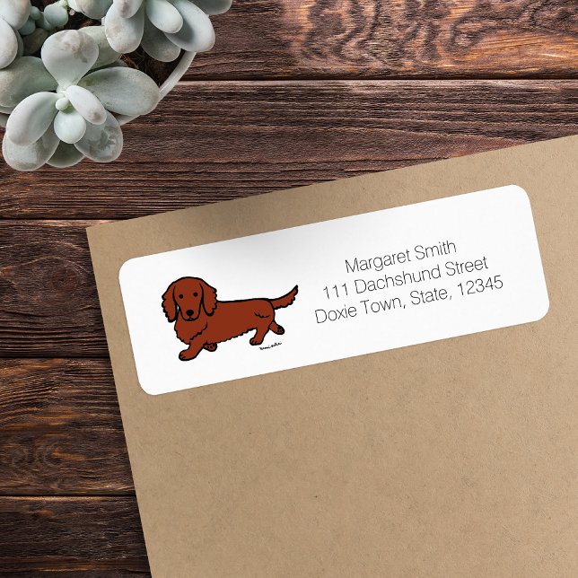 Étiquette Red Long Haired Dachshund 1 (Red Long Haired Dachshund Return Address Label featuring Walking Dachshund.  Cute Cartoon Design.)