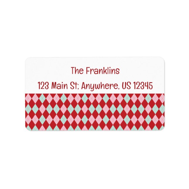Étiquette Red Pink & Mint Christmas Argyle Address (Devant)