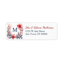Red Poppy Wreath Turquoise Monogramme Adresse de r