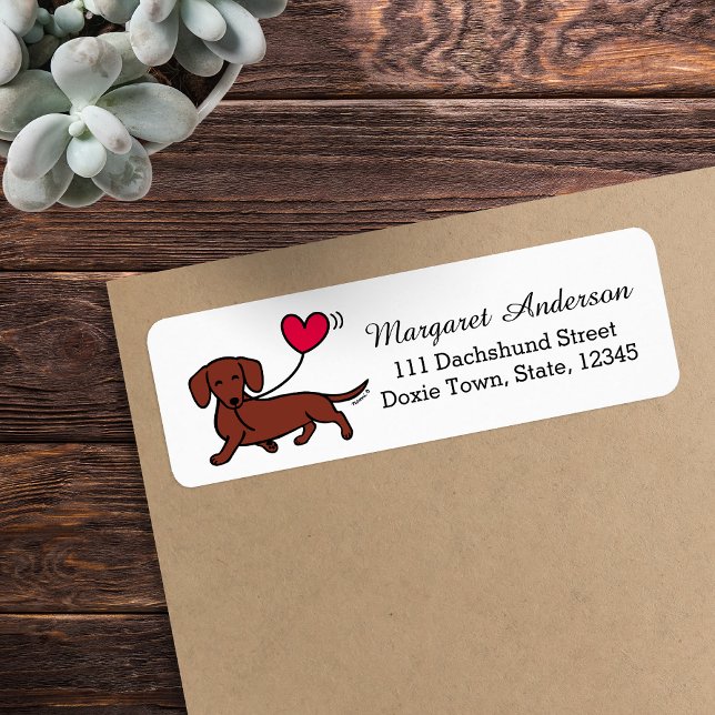 Étiquette Red Smooth Haired Dachshund Coeur souriant (Red Smooth Haired Dachshund Return Address Label featuring Smiling Doxie.  Cute Cartoon Design.)