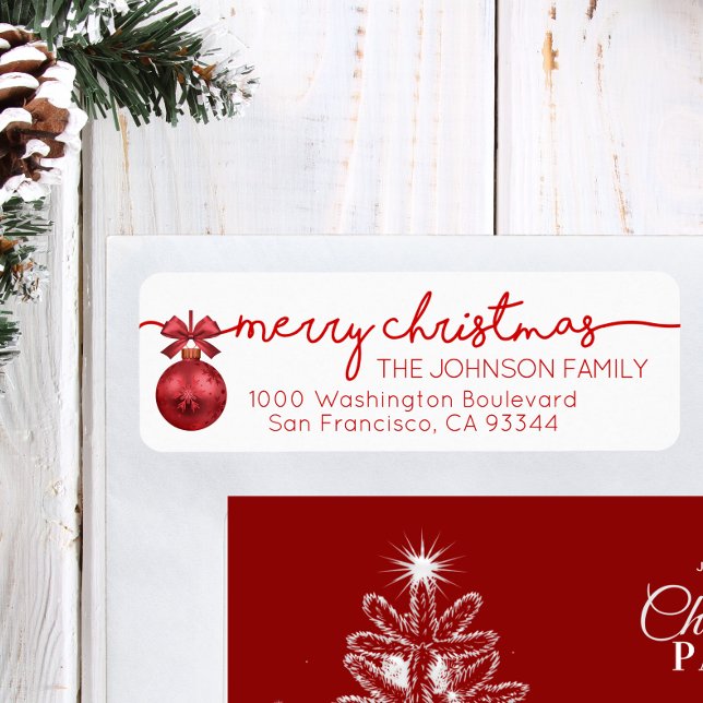 Étiquette Red White Bauble Joyeux Noël Adresse de retour (Red White Bauble Merry Christmas Return Address Label)