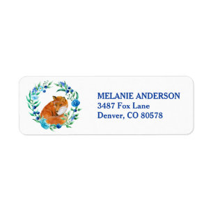 Étiquette Renard rouge dans Blue Floral Wreath Adresse de re