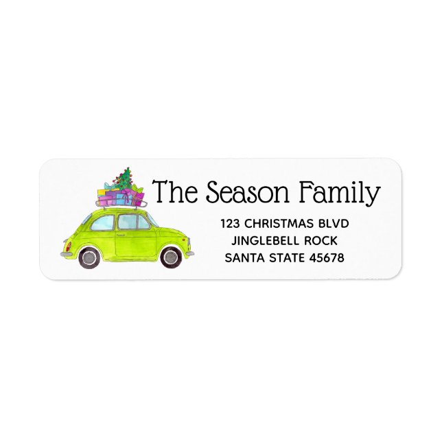 Étiquette Retro Green Fiat 500 avec cadeaux de Noël (Devant)