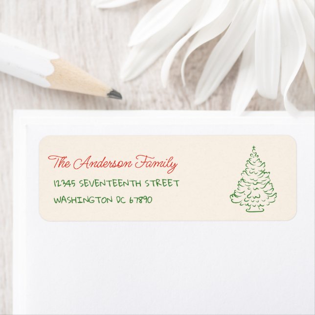 Étiquette Retro Hand Drawn Red Green Christmas Tree Adress (En situation)