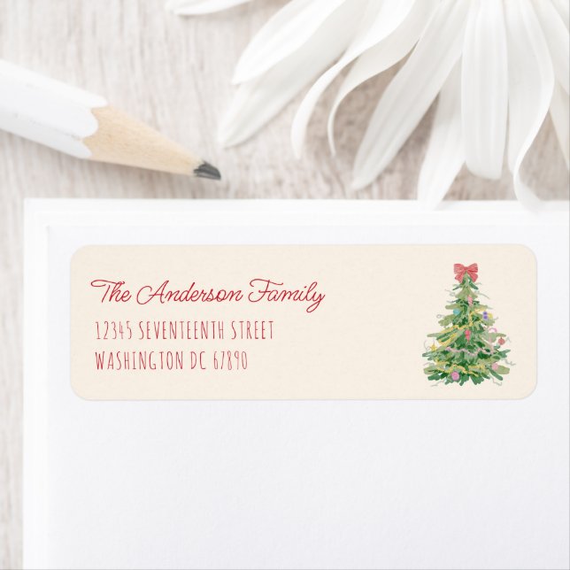 Étiquette Retro Quirky Rouge Vert Noël Fun Bow Tree (En situation)
