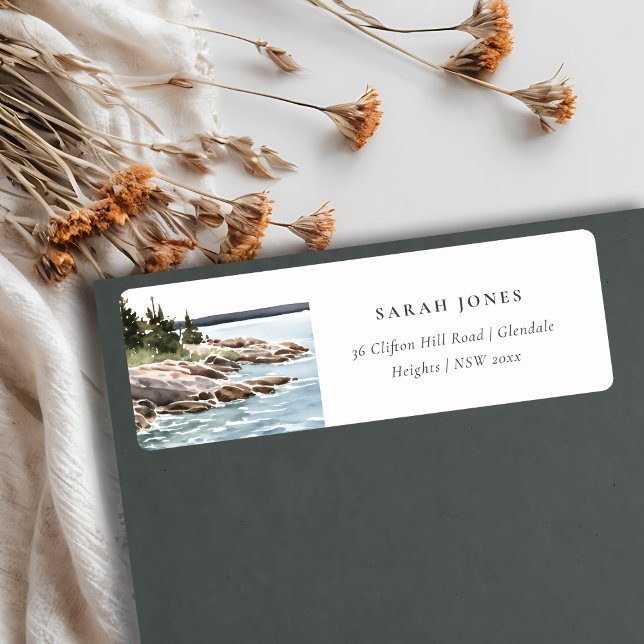 Étiquette Rocheuse Pine Mountain Watercolor Adresse maritime (Créateur téléchargé)