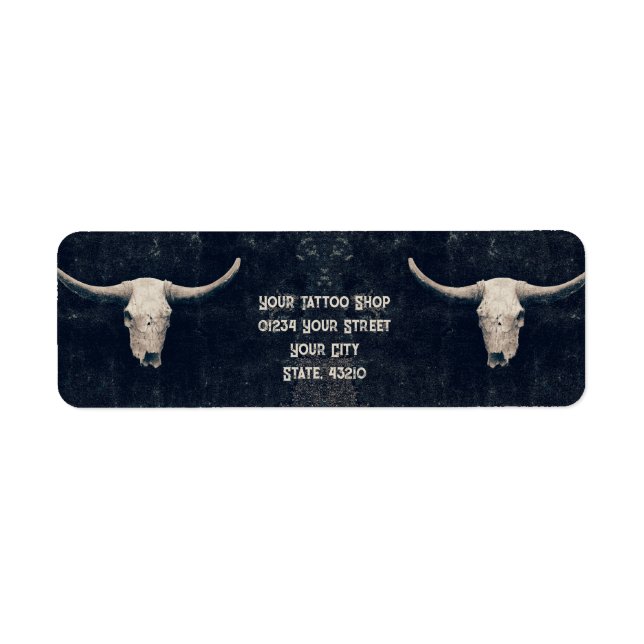 Étiquette Rodeo Black Rustic Western Tattoo Shop Bull Skull (Devant)