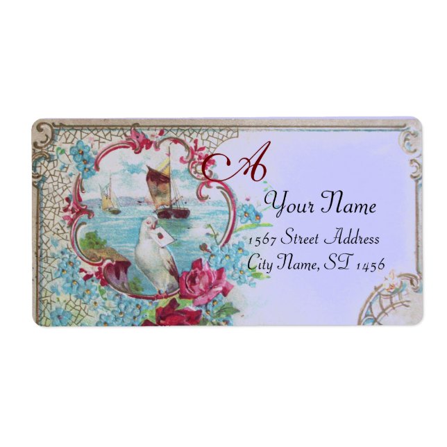 ÉTIQUETTE ROMANTICA, DOVE, BUE FLORAL BEACH MONOGRAM MARIAGE (Devant)