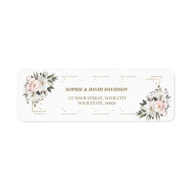Étiquette Rose Blanc Floral Or Baptême Adresse de retour (Devant)