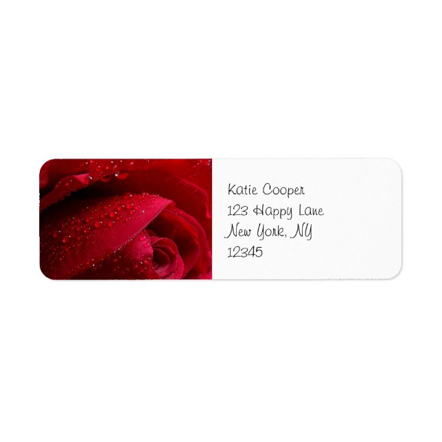 Étiquette Rose de macro rouge avec gouttelettes d'eau (Devant)