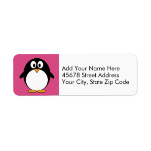 Étiquette rose et noir mignons de pingouin de bande dessinée