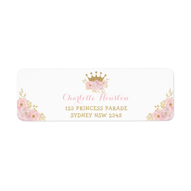Étiquette Rose et or Couronne princesse Blush Floral (Devant)