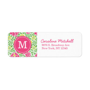 Étiquette Rose et vert Retro Floral Damask Personnalisé Mono