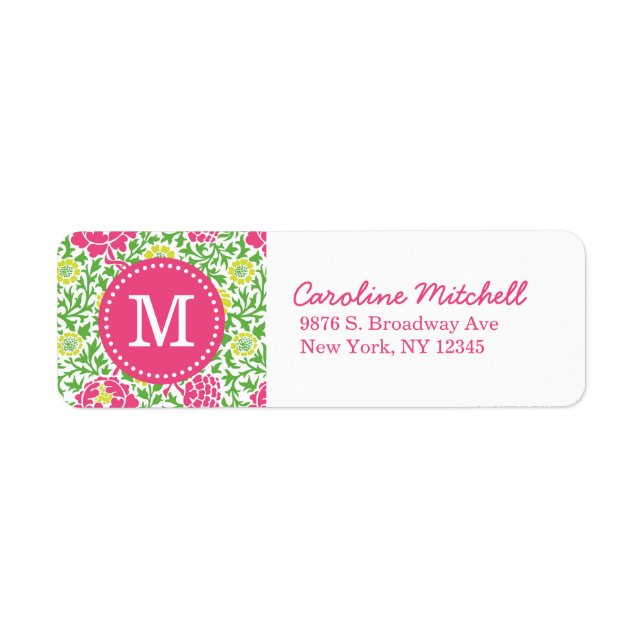 Étiquette Rose et vert Retro Floral Damask Personnalisé Mono (Devant)