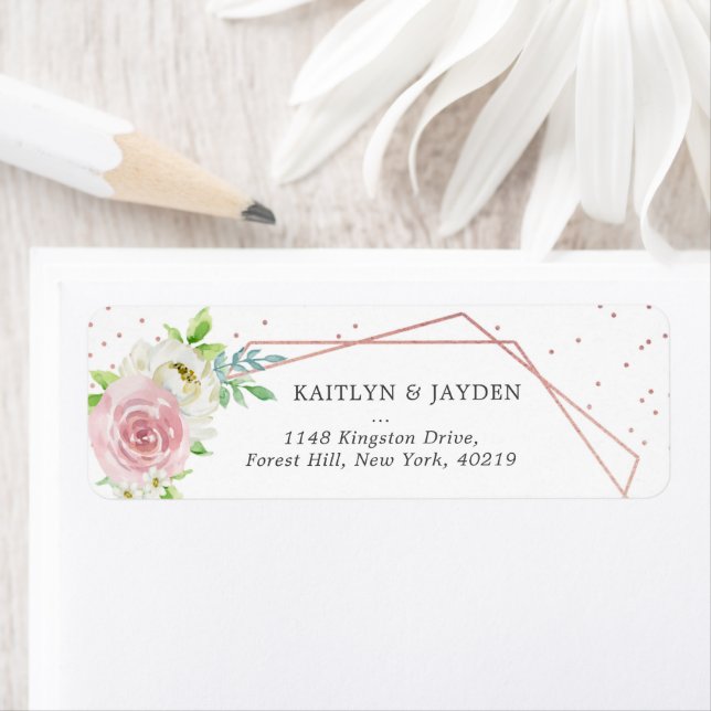 Étiquette Rose géométrique chic Gold Foil Mariage floral (En situation)