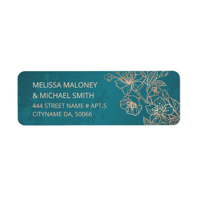 Étiquette Rose Gold Floral Line Art Teal Wedding (Devant)