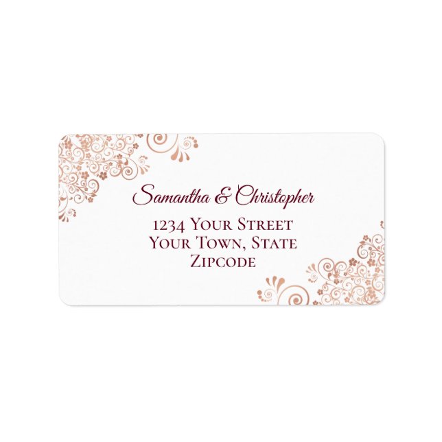 Étiquette Rose Gold Lace & Bourgogne Elégant Mariage Adresse (Devant)