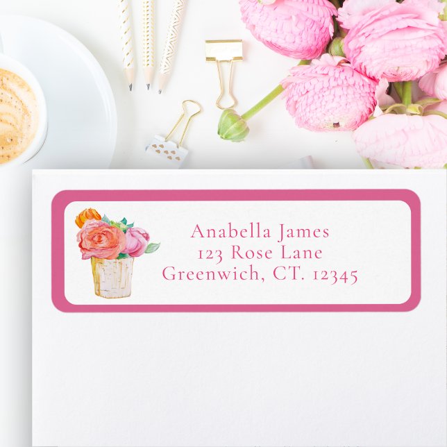 Étiquette Roses d'aquarelle dans Vase (Créateur téléchargé)