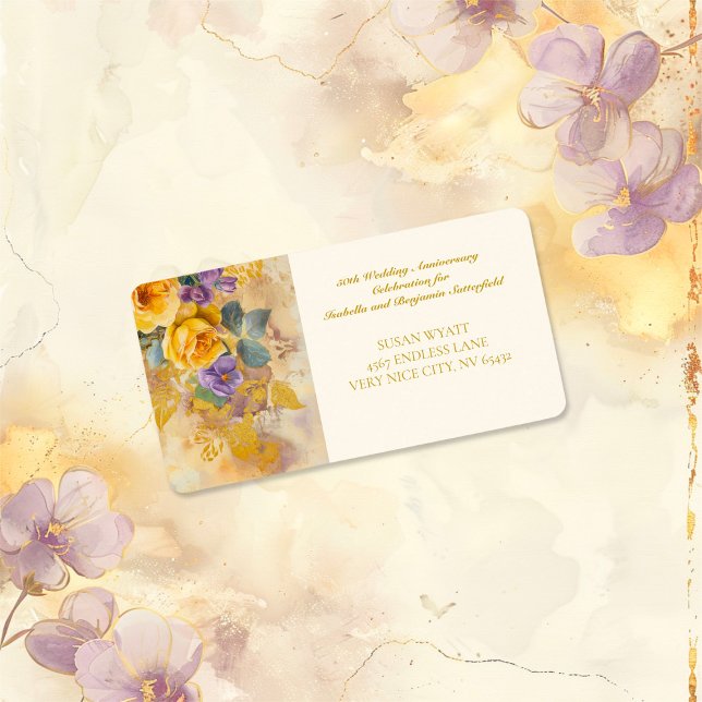 Étiquette Roses d'or et violets 50e anniversaire de Mariage (Gold Roses and Violets 50th Wedding Anniversary Return Address Labels)