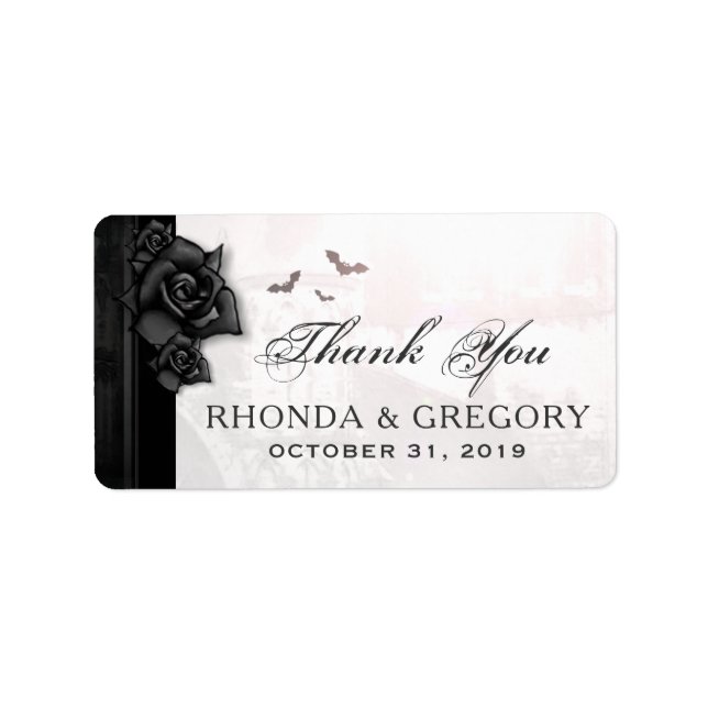 Étiquette Roses gothiques noirs et chauves-souris Mariage Me (Devant)