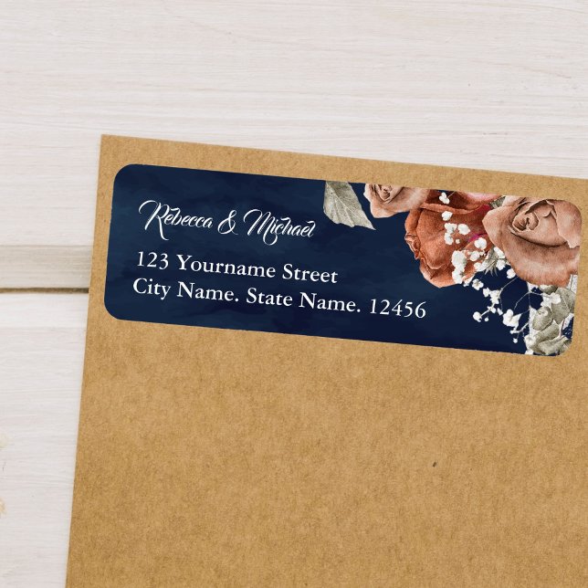 Étiquette Roses orange brûlé Terracotta Floral Navy Mariage (Créateur téléchargé)