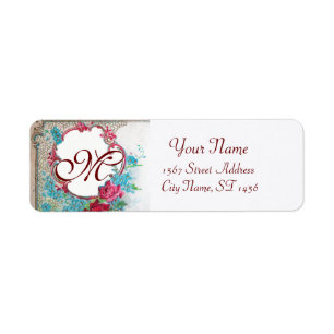 ÉTIQUETTE ROSES ROMANTIQUES, FLEURS BLEUES MONOGRAMME FLORAL