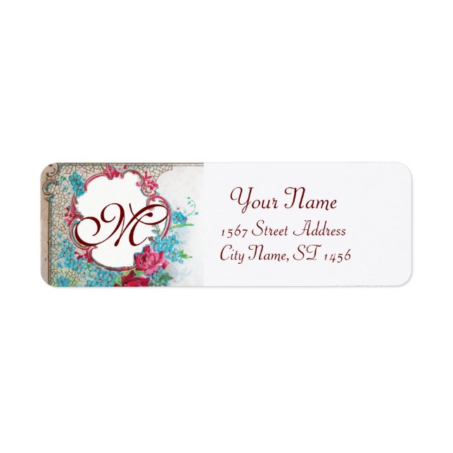 ÉTIQUETTE ROSES ROMANTIQUES, FLEURS BLEUES MONOGRAMME FLORAL (Devant)