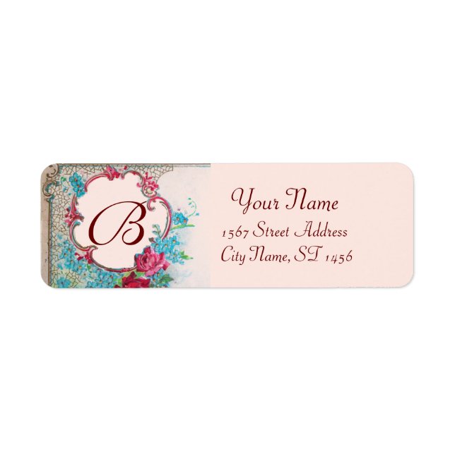 ÉTIQUETTE ROSES ROMANTIQUES, FLEURS BLEUES MONOGRAMME FLORAL (Devant)