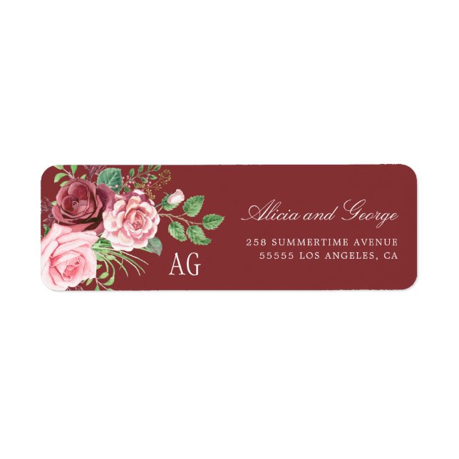 Étiquette Roses rose pâle Monogramme Mariage Bourgogne (Devant)