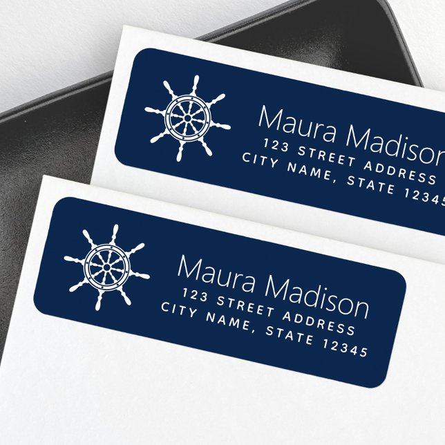 Étiquette Roue du navire bleu foncé nautique (Ship's wheel dark blue nautical label)