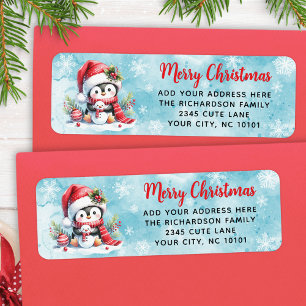 Étiquette Rouge Bleu mignon pingouin Noël personnalisé