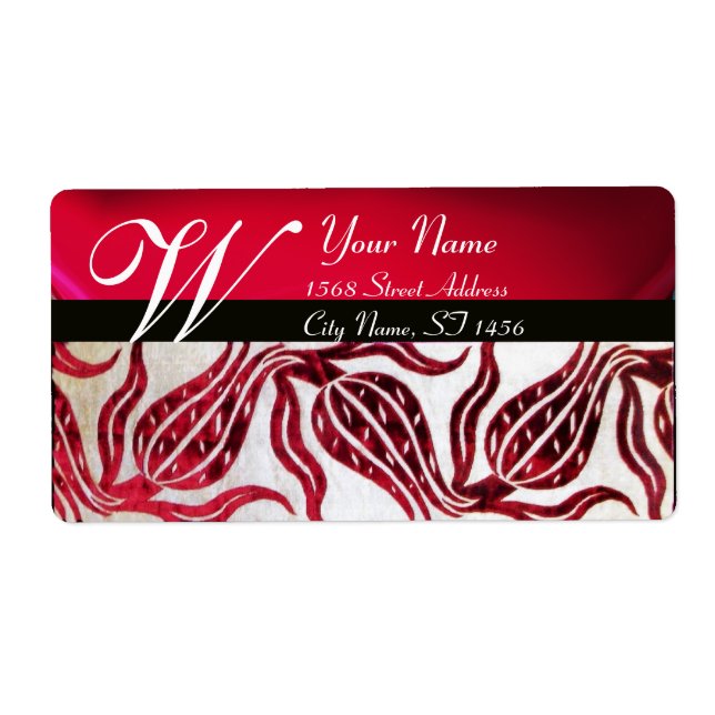 Étiquette ROUGE DAMASK VELVET TULIPS MONOGRAMME Bourgogne Bl (Devant)
