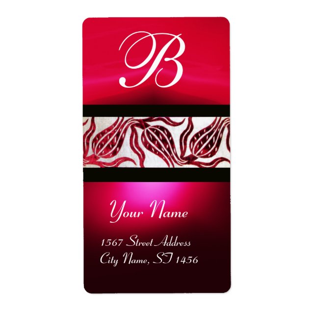 Étiquette ROUGE DAMASK VELVET TULIPS MONOGRAMME Bourgogne Bl (Devant)