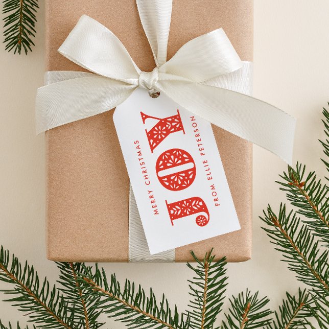 Étiquette rouge de cadeau de cheval de Dala de (red and white JOY Swedish Dala horse inspired Scandinavian style gift tag)