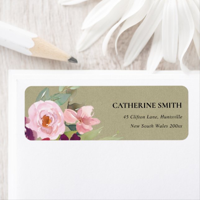 ÉTIQUETTE ROUGE KRAFT ROSE BLUS ROSE WATERCOULEUR ADRESSE FL (En situation)