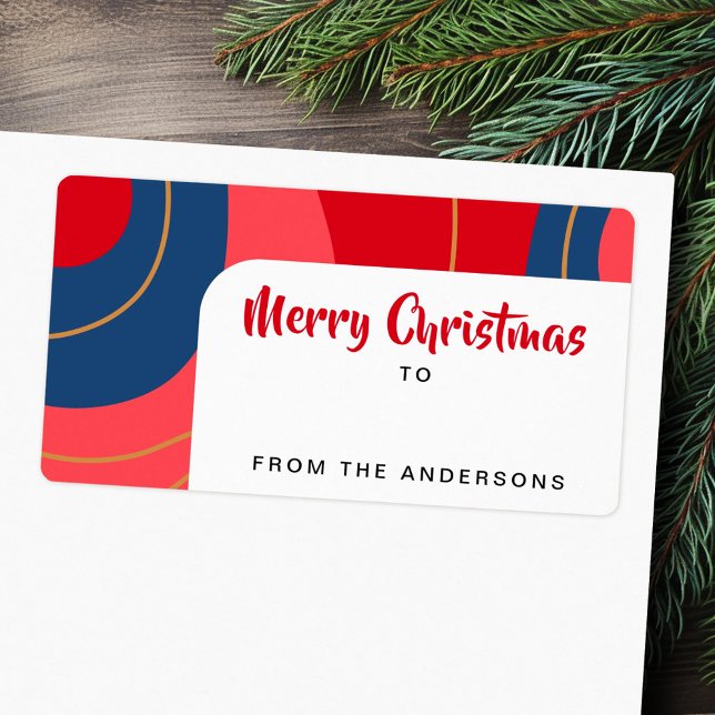 Étiquette Rouge rose bleu foncé rétro Noël à partir du cadea (Red pink dark blue retro Christmas to from gift Label)