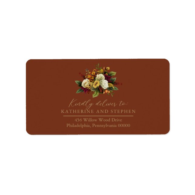 Étiquette Rouge rustique | Orange Floral Bouquet RSVP Adress (Devant)