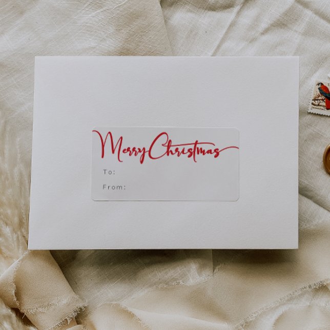Étiquette Rouge Script Joyeux cadeau de Noël rectangulaire (Créateur téléchargé)