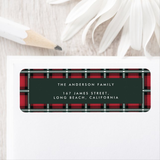 Étiquette rouge traditionnel tartan personnalisé labe de noë (En situation)