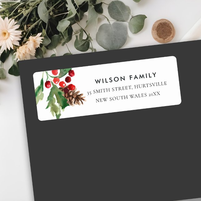 ÉTIQUETTE ROUGE VERT HOLLY BERRY PINE CONE ADRESSE DU NOUVEL (Créateur téléchargé)