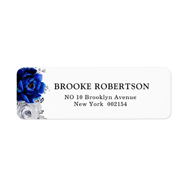 Étiquette Royal Bleu Blanc Argent Métallo Mariage Floral (Devant)