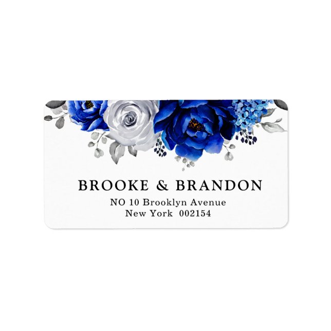 Étiquette Royal Bleu Blanc Argent Métallo Mariage Floral (Devant)