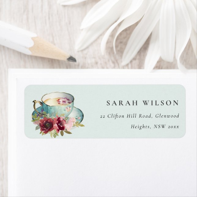 Étiquette Royal Turquoise Gold Floral Teacup Tea Party Adres (En situation)