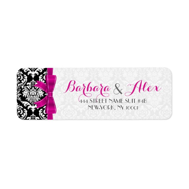 Étiquette Ruban rose Chaud Noir Et Blanc Damas 2 (Devant)