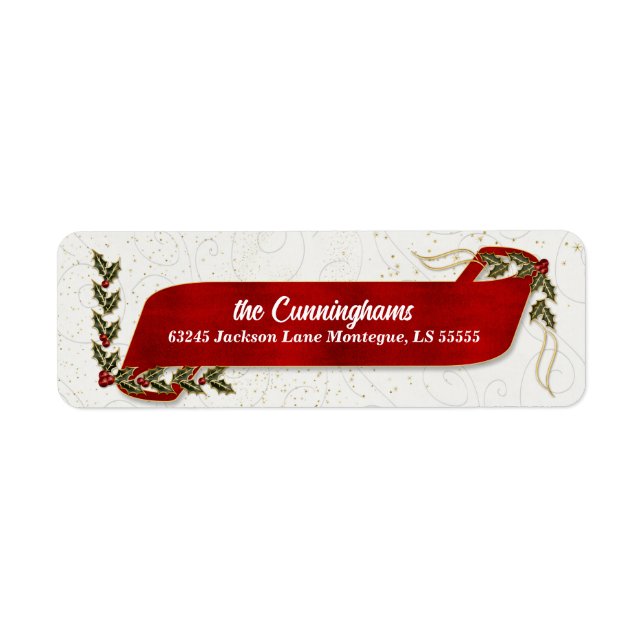Étiquette Ruban rouge avec Holly et Berries Adresse de vacan (Devant)